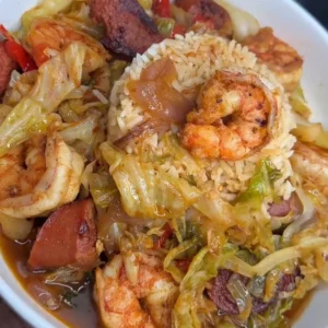 Rice Carbage with Shrimp and sausages soup with vegetables